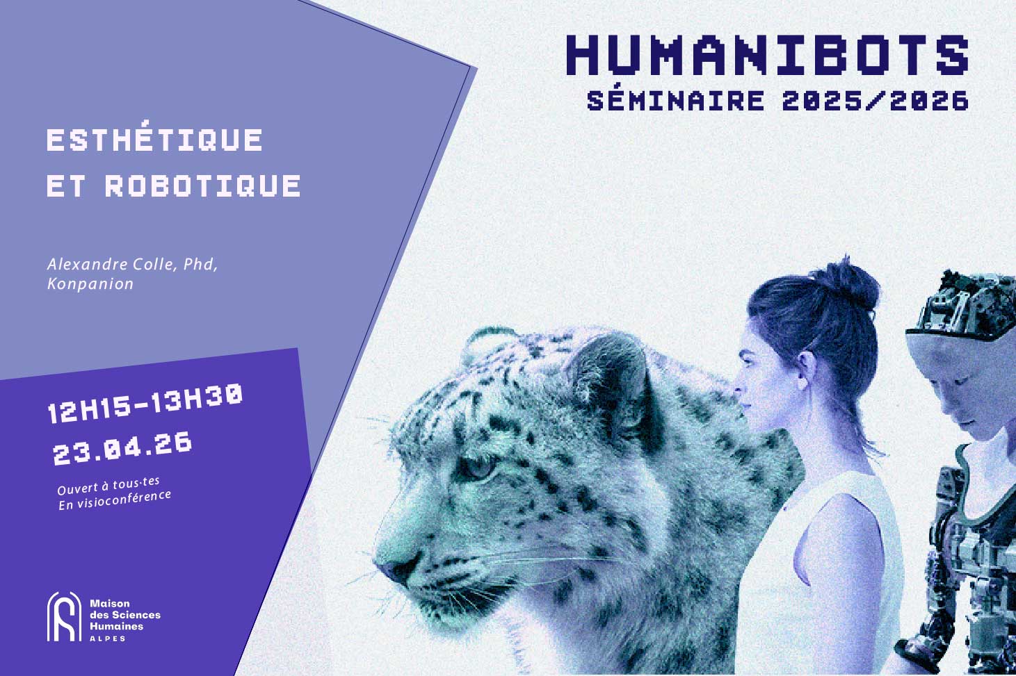 Photomontage d'un léopard, d'une femme et d'un robot humanoïde.