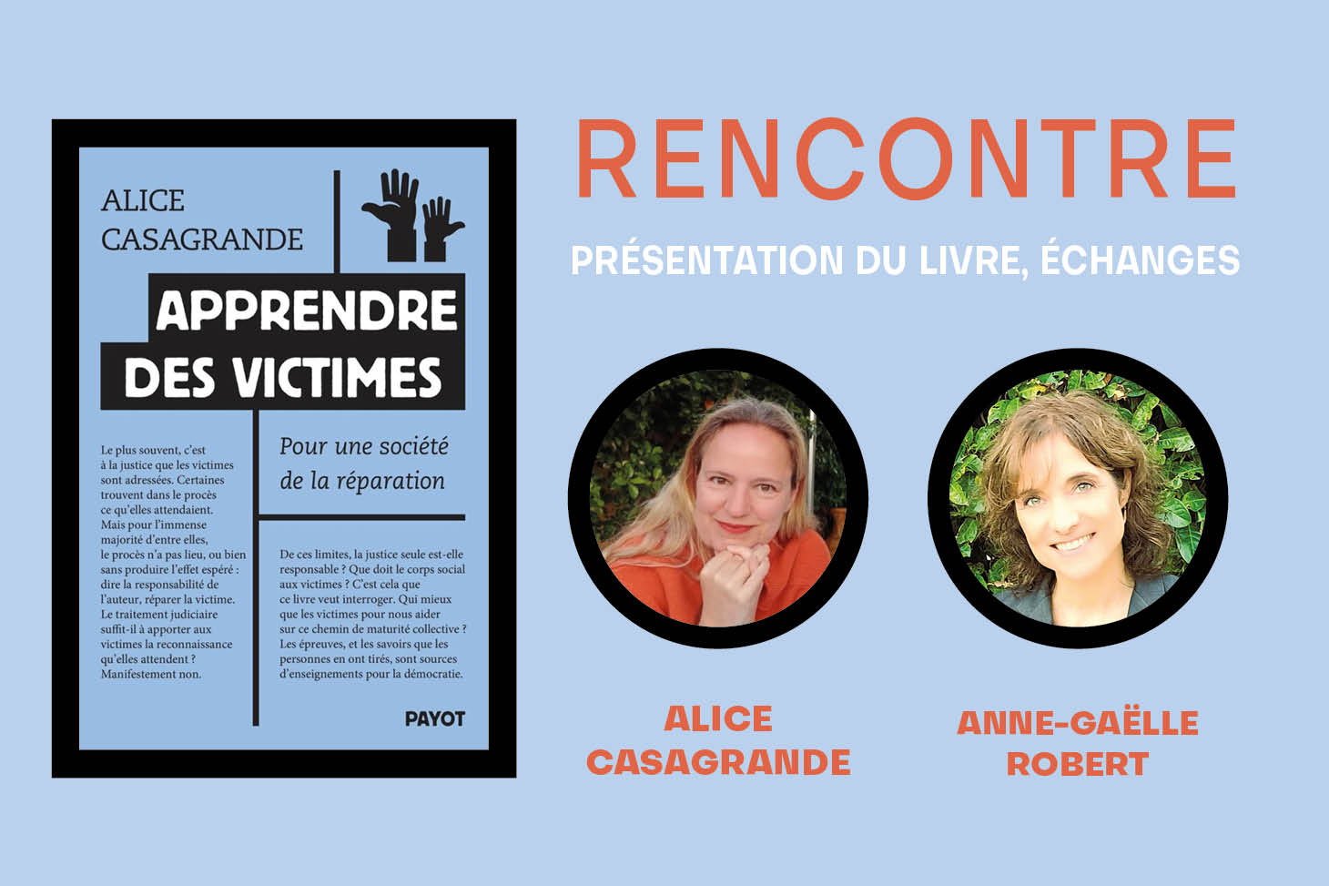 Couverture du livre d'Alice Casagrande et photos des intervenantes.