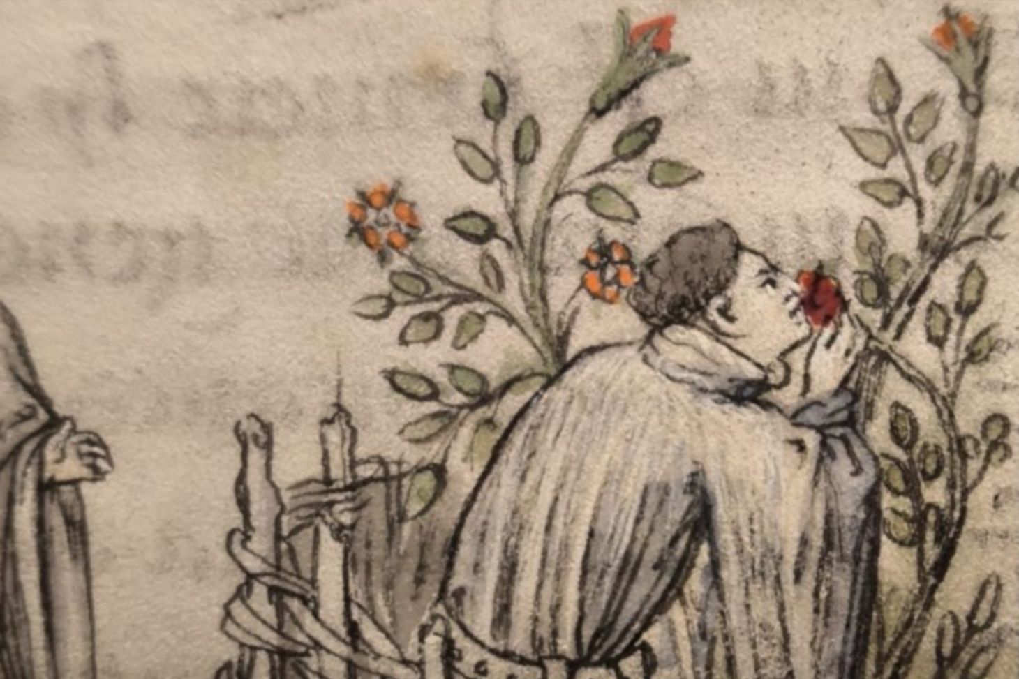 Peinture représentant un homme sentant une fleur