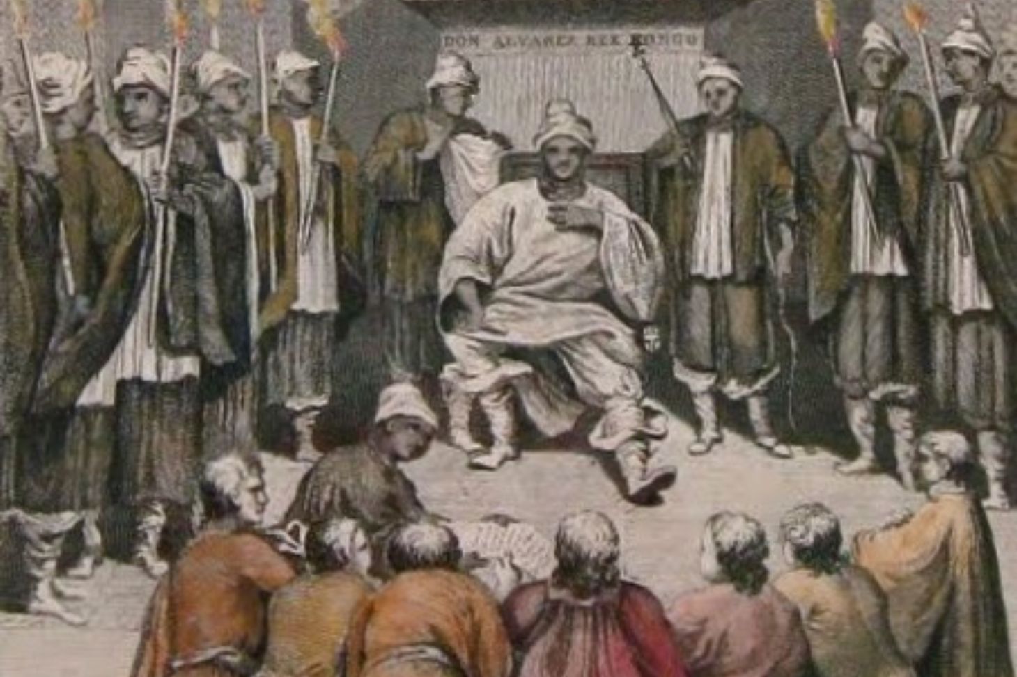 Gravure sur papier : Don Alvaro, roi du Congo, donnant une audience aux néerlandais en 1642