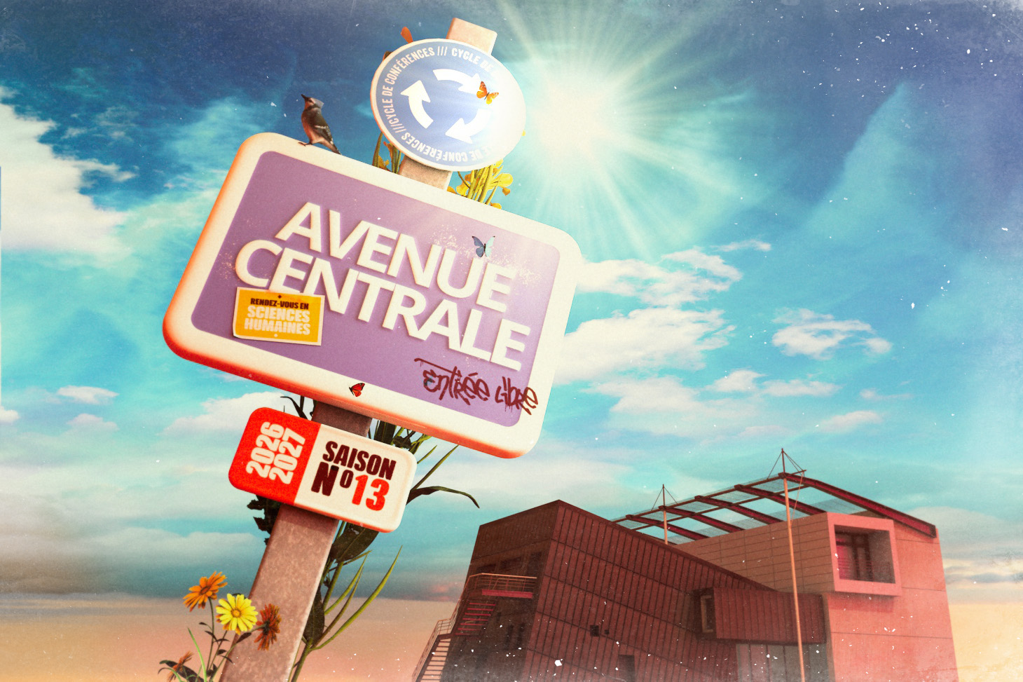 Avenue centrale s13 : ciel, nuages, panneau indicateur, bâtiment MSH-Alpes